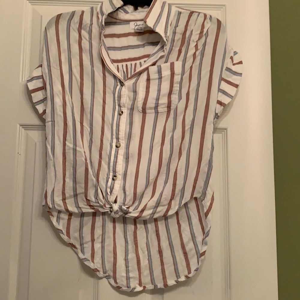 White, brown, blue striped blouse
